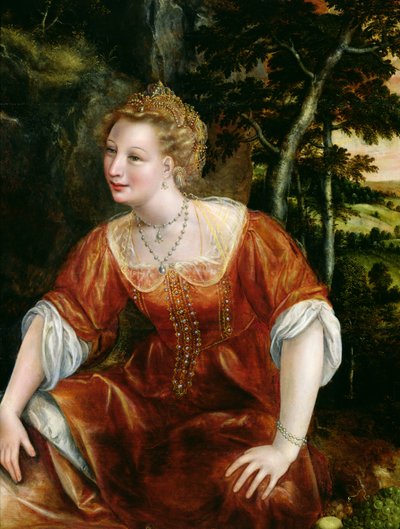 Jong meisje in een landschap door Jan Massys or Metsys